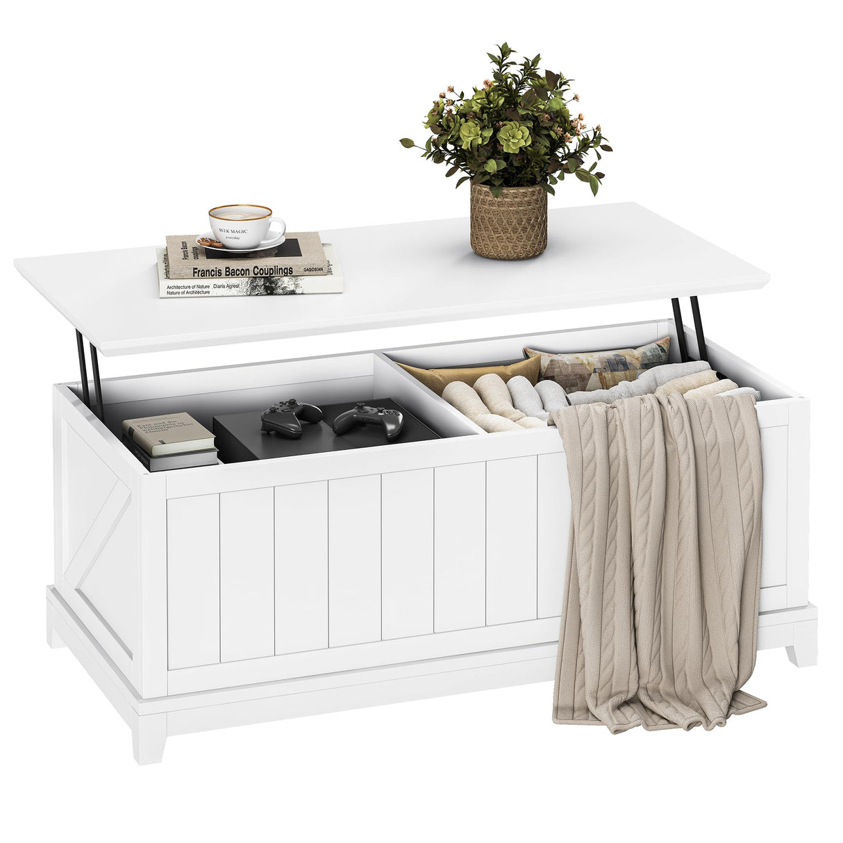 UPOSOJA 48” Lift Top Coffee Table for Living Room, Coffee Tables with Large Storage & Fence Design, Coffee Table lifting top for Living Room Rustic Center Table for Home and Office, White UPOSOJA