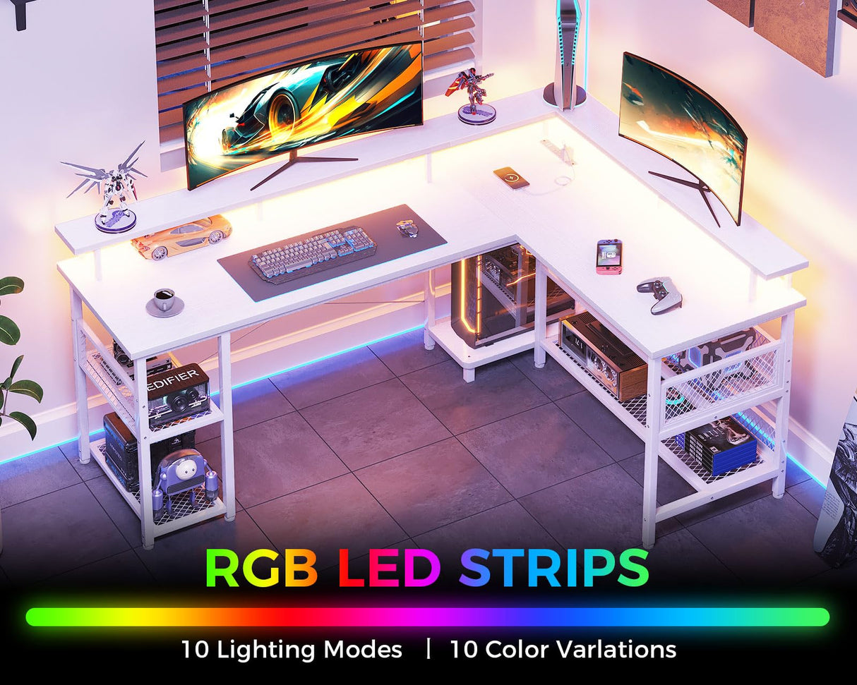 ODK 66" Reversible L Shaped Gaming Desk with LED Lights and Power Outlets in Grey Oak ODK