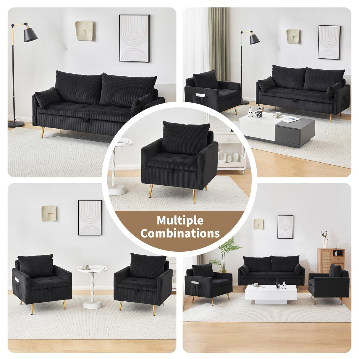 Furnimart 3-Seater Storage Sofa and Couch, Corduroy Loveseat with Accent Single Chair, Small Living Room Furniture Set for Apartment, Tiny Homes and Lofts, 2PC-Black Furnimart