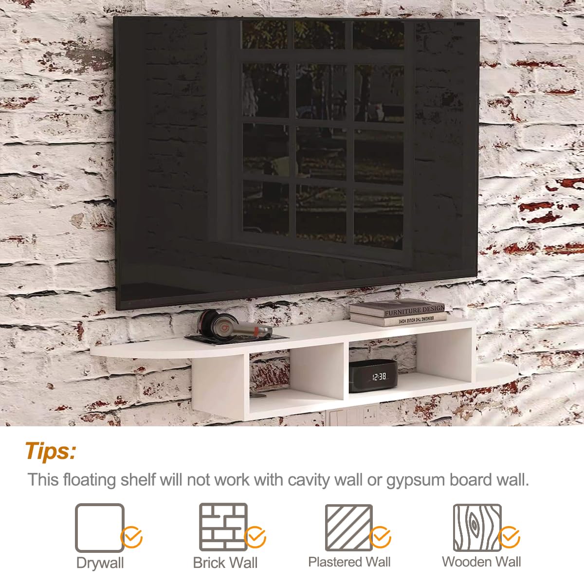 GHC Floating TV Stand, Wall Mounted Entertainment Center and Cabinet Shelf, TV Console with Storage, Media Console for DVD Player, Space-Saving Under TV Shelf for Bedroom, Living Room (White) GHC