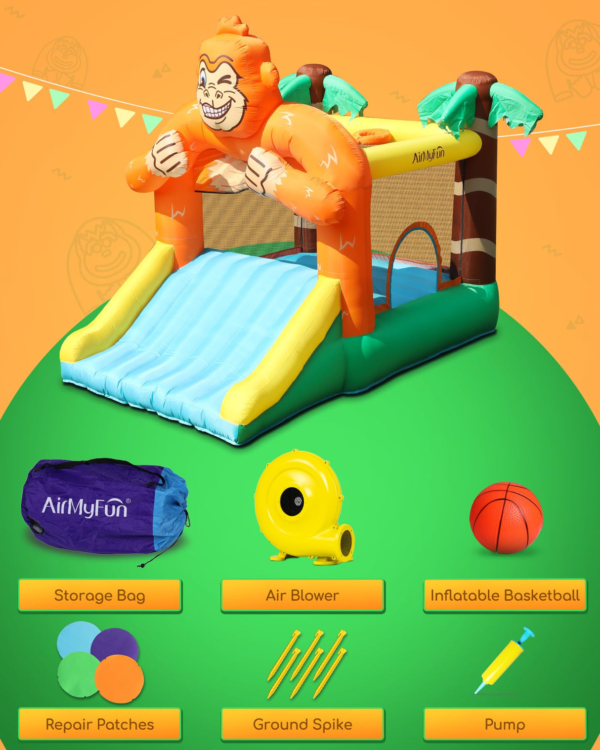 Gorilla Jungle Inflatable Bounce House for Kids 3-8 – 10ft x 4ft Bouncy Castle with Wide Slide & Air Blower, 840D Oxford Cloth for Indoor & Outdoor Adventures WoodArtSupply