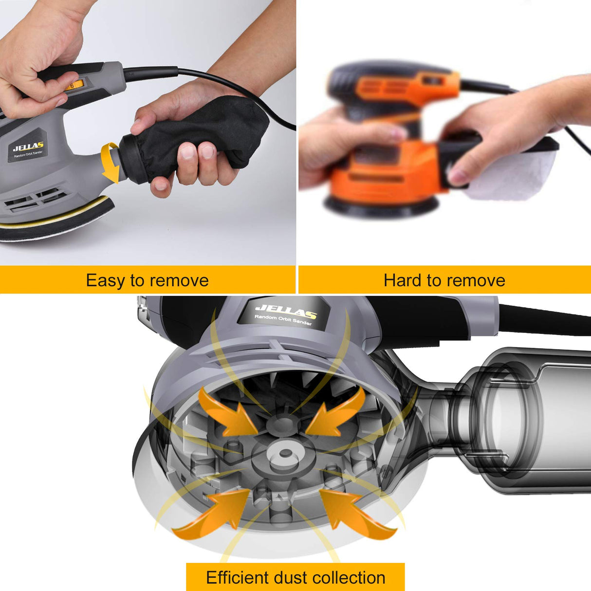 Jellas 5-Inch Random Orbital Sander with 18Pcs Sandpapers, 13000RPM 6 Variable Speed Sander Machine, High Performance Dust Collection System for Woodworking, 2.5A, Dust Collection Bag Include - OS280 Jellas