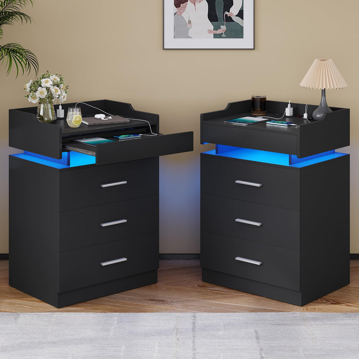 BTHFST LED Nightstand Set of 2, Large Night Stand with Charging Station, Bedside Table with Pull-Out Shelf and 3 Drawers, Modern End Table Side Table with Storage, Black BTHFST