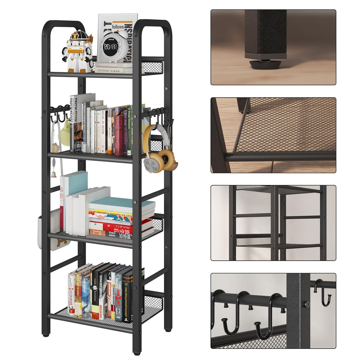 YMYNY 4 Tier Bookshelf, Freestanding Bookcase for Living Room, Bedroom, Home Office, Multi-Functional Storage Rack Organizer, Display Rack with Metal Frame, Rust Resistance, Black, UHBC054B YMYNY