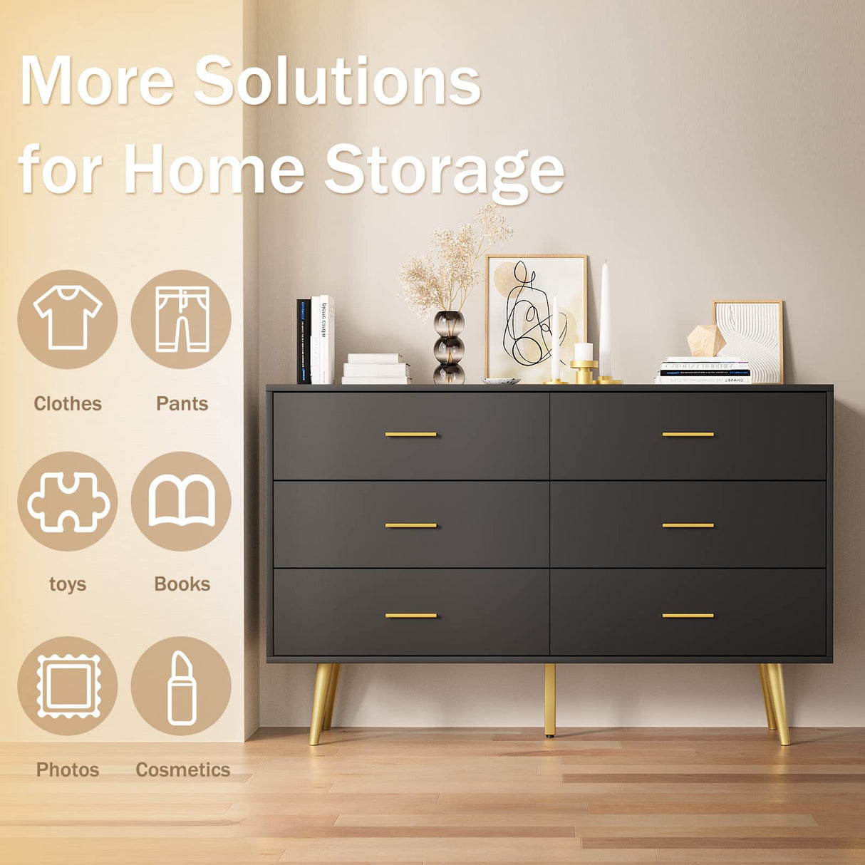 RESOM Black 6 Drawer Dresser for Bedroom, Wooden Black Double Dresser with Gold Handles, Modern Chest Dresser with Deep Drawers for Living Room, Hallway RESOM