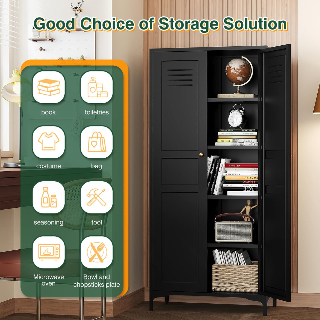 Letaya Black Storage Cabinet with Feets-Metal Home Kitchen Pantry Cabinets with Doors and Adjustable Shelves,Organization Locker for Cupboard/Bedroom/Dining/Living/Bathroom/Office/Garage Room (Black) Letaya