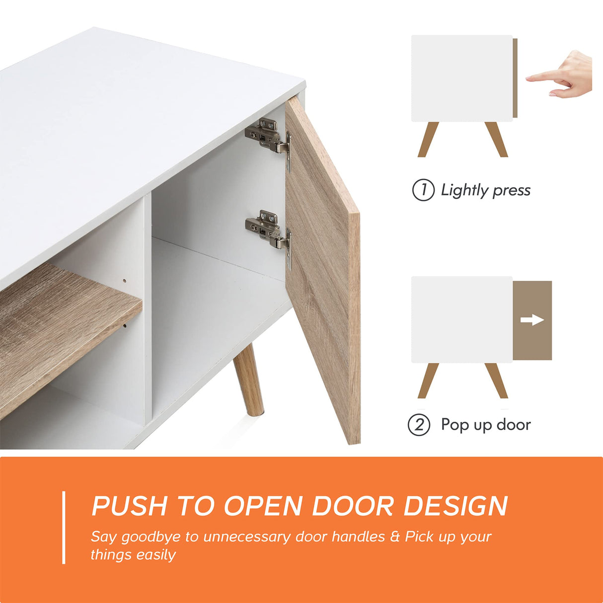 WAMPAT LED Mid-Century Modern TV Stand for TVs up to 60 inch Flat Screen Wood TV Console Media Cabinet with Storage, Home Entertainment Center in White and Oak for Living Room Bedroom, 55 inch WAMPAT