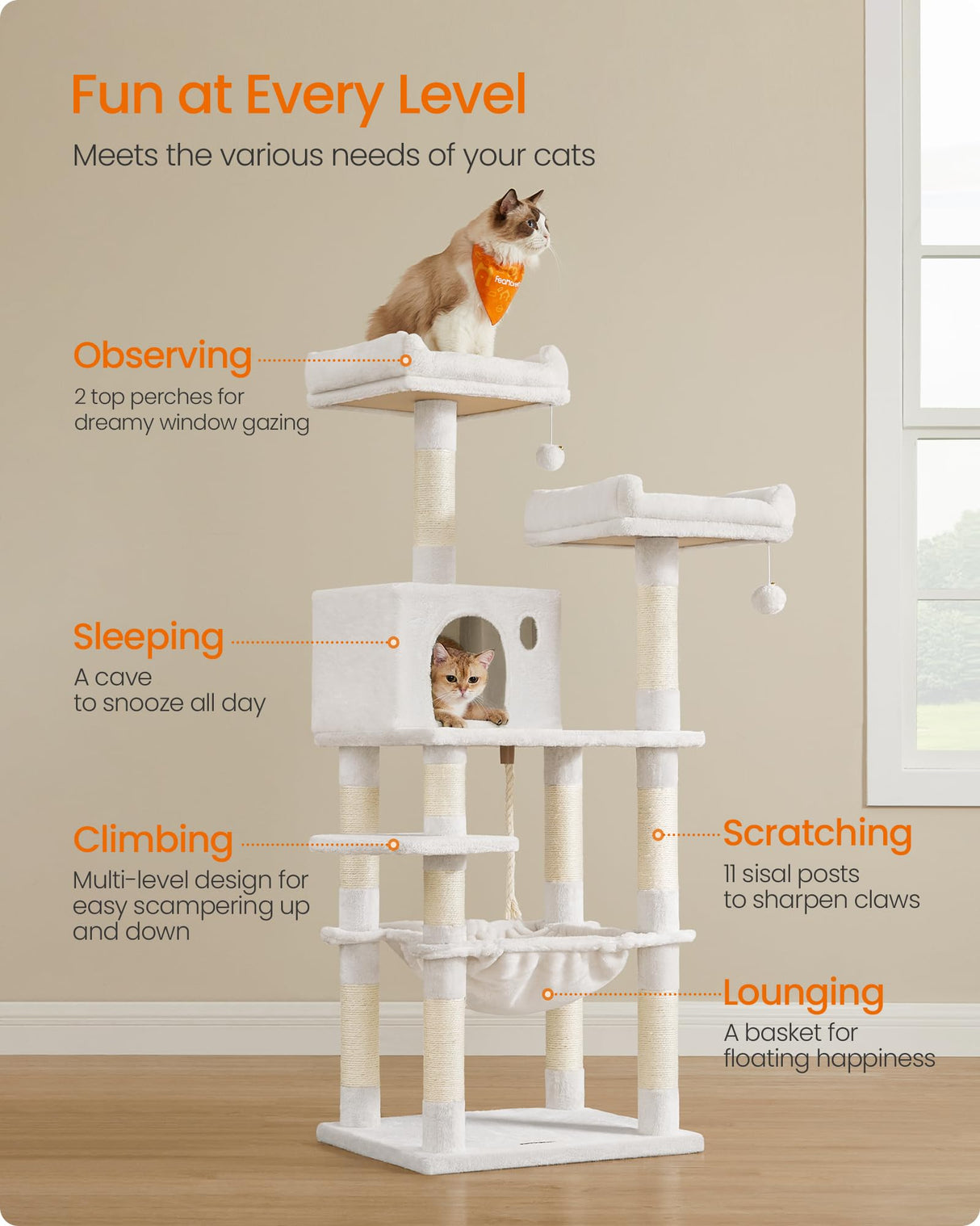 Feandrea Cat Tree, 56.3-Inch Cat Tower for Indoor Cats, Multi-Level Cat Condo with 11 Scratching Posts, 2 Perches, Cave, Hammock, Cream White UPCT015W02 Feandrea