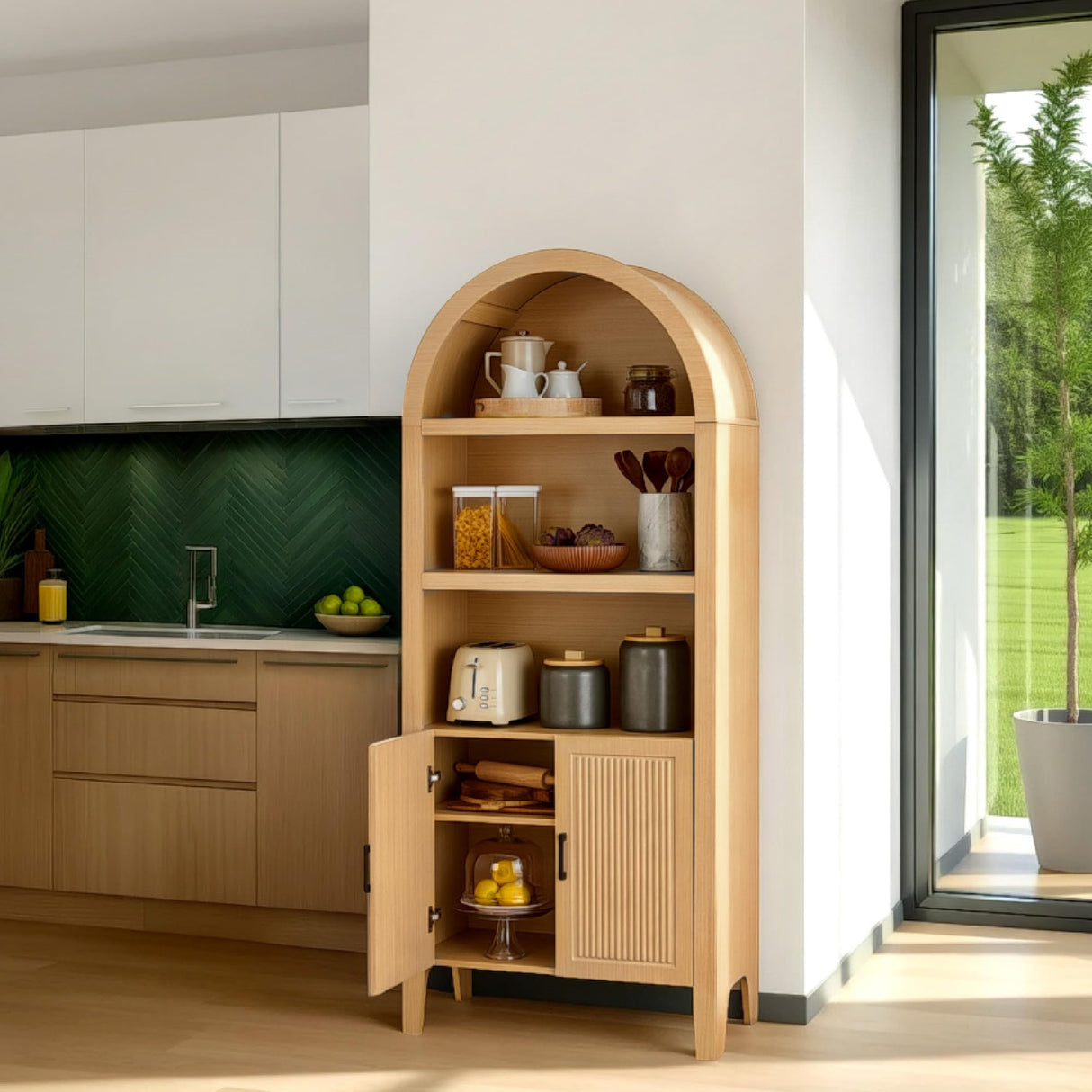 Best Choice Products 72in Tall Arched Pantry Cabinet w/Doors, 5-Tier Bookshelf, Armoire, Hutch, Bookcase, Storage Cabinet w/Adjustable Shelves - Natural Oak Best Choice Products