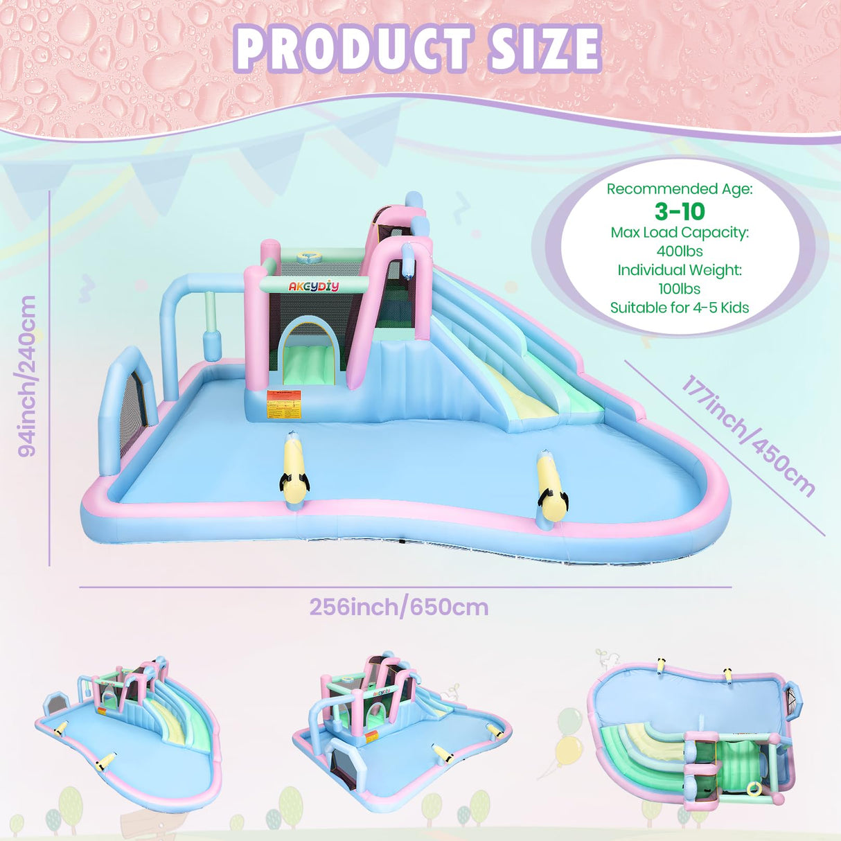 AKEYDIY Inflatable Bounce House Double Slides for Kids, Giant Bounce Castle 21.3FT x14.7FT with Pool, Multiple Game Areas and 950w Blower, for Party Holiday Outdoor Indoor (Dual Slide - Macaron) AKEYDIY
