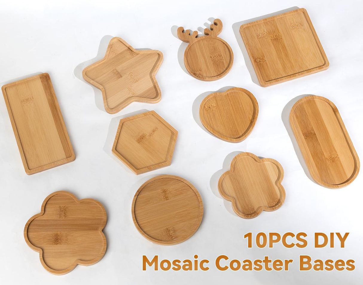 Lanyani 10pcs Wooden Assorted Shapes Mosaic Bases for DIY Mosaic Coaster Kit, with Wooden Surface for Handcrafted Glass Mosaic Tiles Crafts for Adults and Kids Lanyani