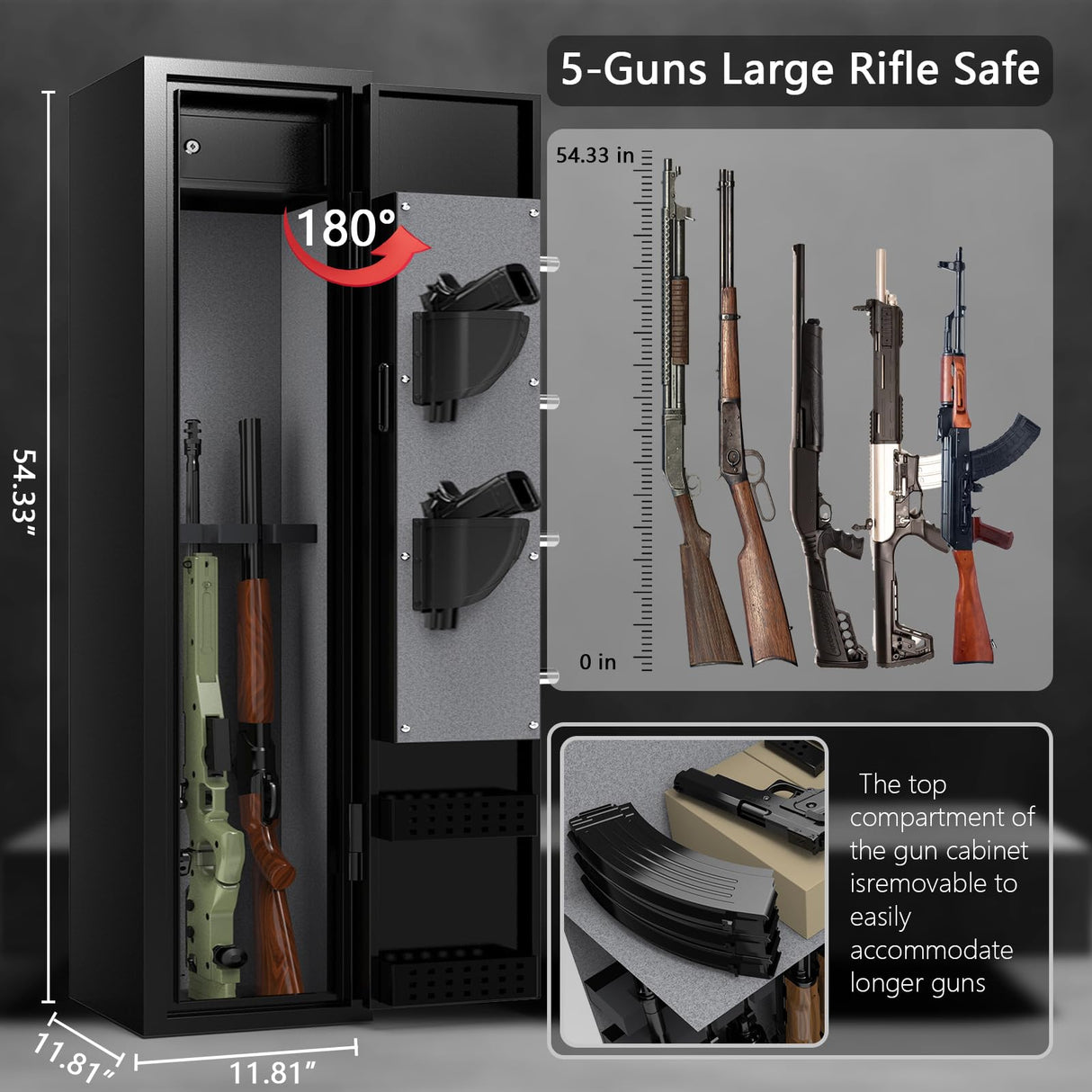 HEANVO 4-6 Rifle Safe, Large Gun Safe for Home Rifles and Pistols, Gun Cabinet for Rifles and Shotguns with Drawer, Gun Cabinets with LED Lights and Double Alarm System HEANVO