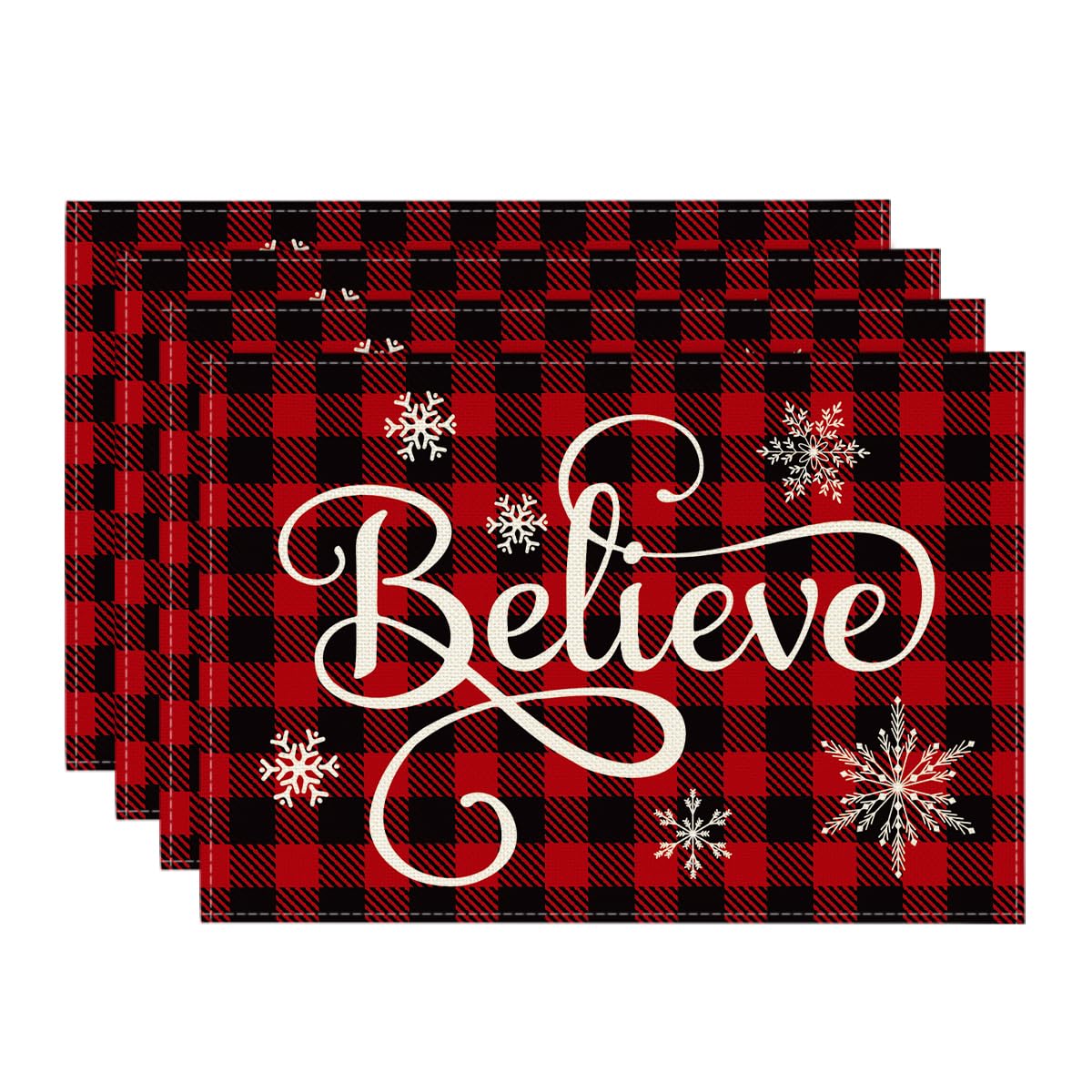 Artoid Mode Christmas Believe Buffalo Check Plaid Placemat for Dining Table, 12 x 18 Inch Winter Holiday Rustic Washable Table Mat Set of 4 Artoid Mode