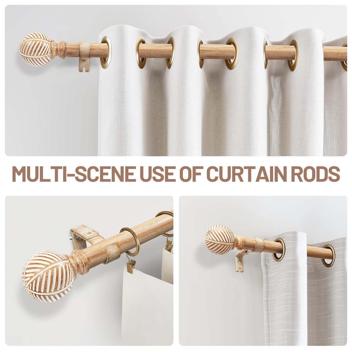 Wood Curtain Rods for Windows 66 to 120, 1 Inch Curtain Rod Set, Heavy Duty Drapery Rods with Imitation Wood Grain Leaf Pattern Finials, Indoor/Outdoor Modern Curtain Rod, 32"-120", Brown zeerobee