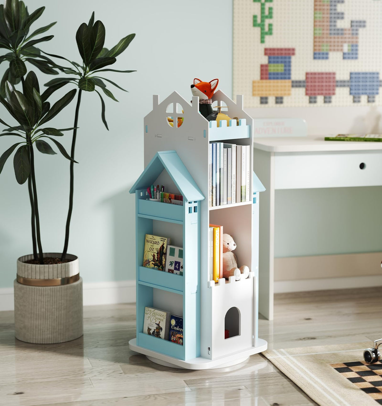 Suuiwau 360° Rotating Bookshelf Kids,Blue Revolving Bookcase 3-Tier Spinning Dollhouse Bookshelf Floor Standing Book Storage Organizer for Children's Room Suuiwau