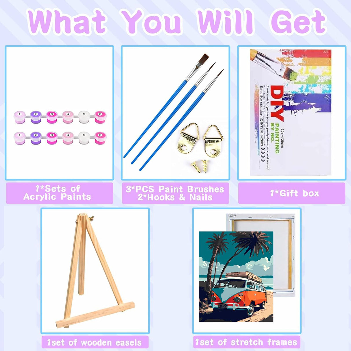 VIGEGU Paint by Numbers kit for Adults Beginner Framed - with Wooden Easel Gift Box,Paint by Numbers with Frame Beach Car DIY Adults' Paint-by-Number Kits for Wall Decor 12x16inch VIGEGU