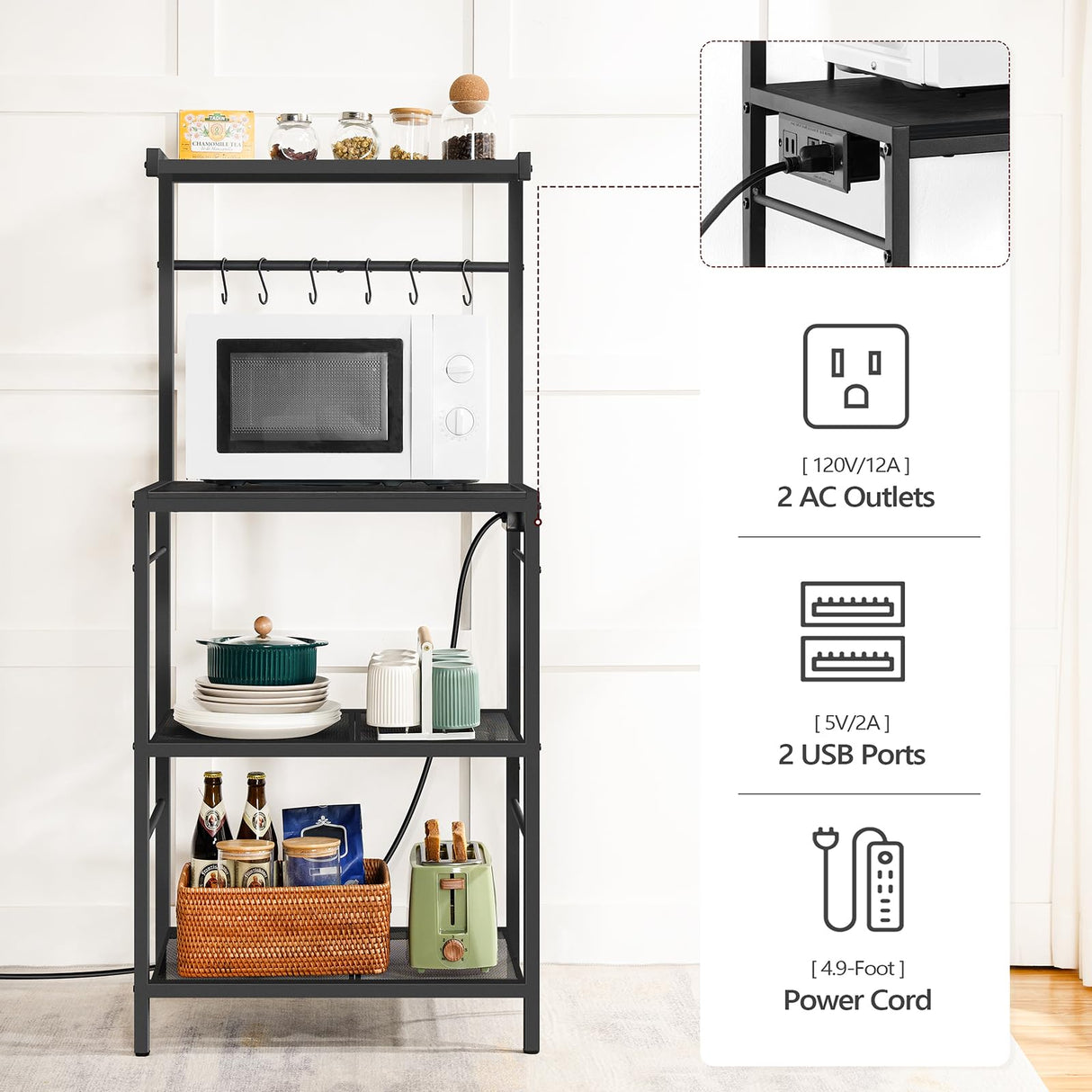 MAHANCRIS Bakers Rack with Charging Station, Microwave Stand with 6 S-Shaped Hooks, 4-Tier Storage Rack, Multifunctional Coffee Bar, for Kitchen, Dining Room, Charcoal Gray and Black BRHT35E01N1 MAHANCRIS