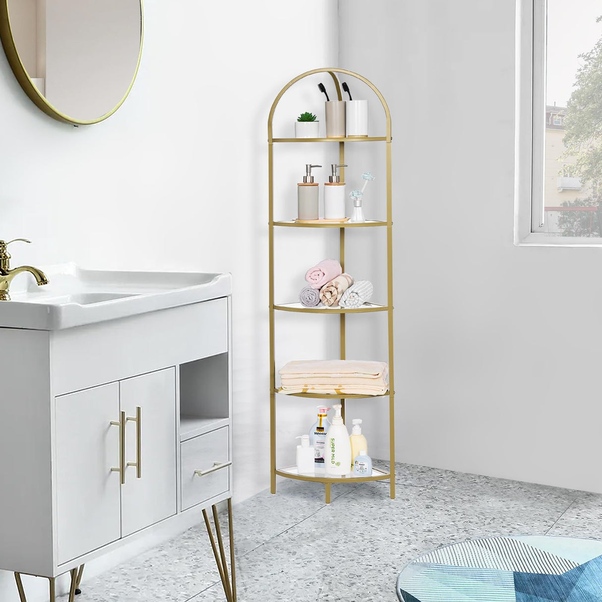 Homhedy 5-Tier Corner Shelf Stand, Metal Corner Bookshelf, Tempered Glass Shelves, Bathroom Storage Rack Shelf, Plant Stand, Modern Style,Golden Homhedy