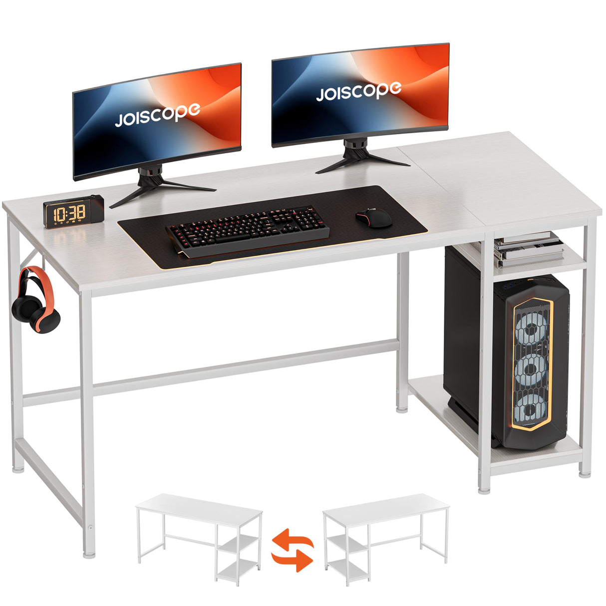 JOISCOPE Home Office Desk with Double Reversible Side Shelves and Headphone Hooks, Computer Desk for Working, Gaming, Studying, 55 inches, White JOISCOPE