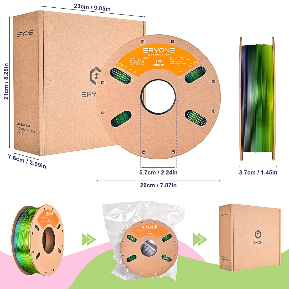 ERYONE TPU Filament 1.75mm +/-0.03mm Flexible TPU Roll, 95A Soft 3D Printer Filament 0.5kg Spool(1.1 lbs), Sea Glass Rainbow ERYONE