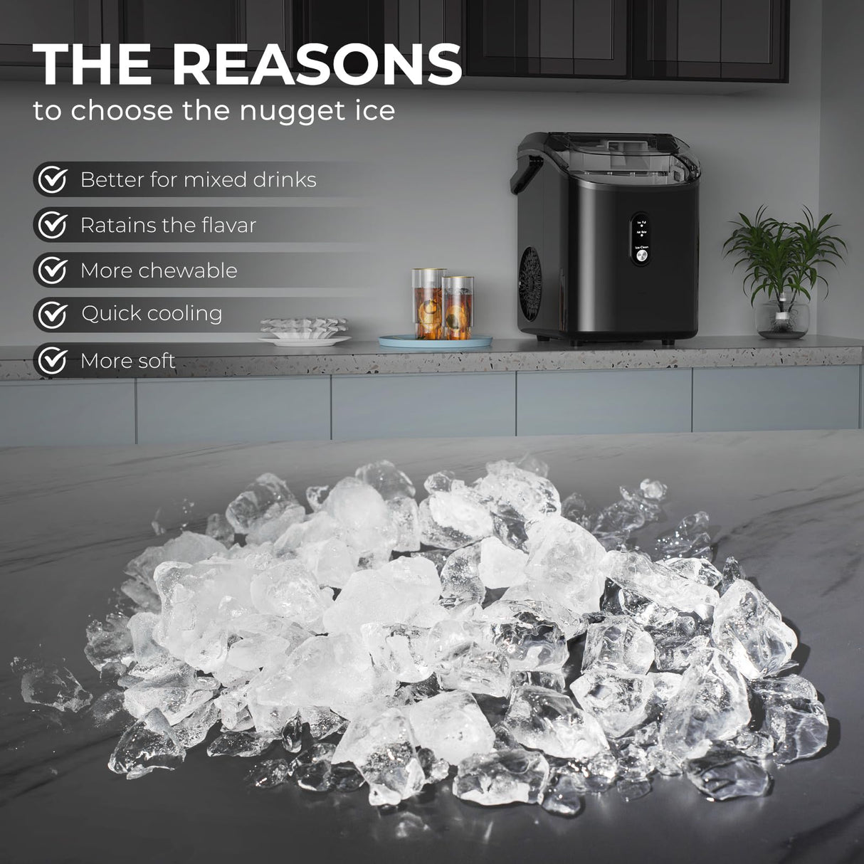 Nugget Ice Makers Countertop with Soft Chewable Pellet Ice, 7 Mins Ice Making, 35.5Lbs/24Hrs, Pebble Ice Maker Machine with Self-Cleaning/Ice Basket/Ice Scoop for Home/Office/Bar, Black ZAFRO