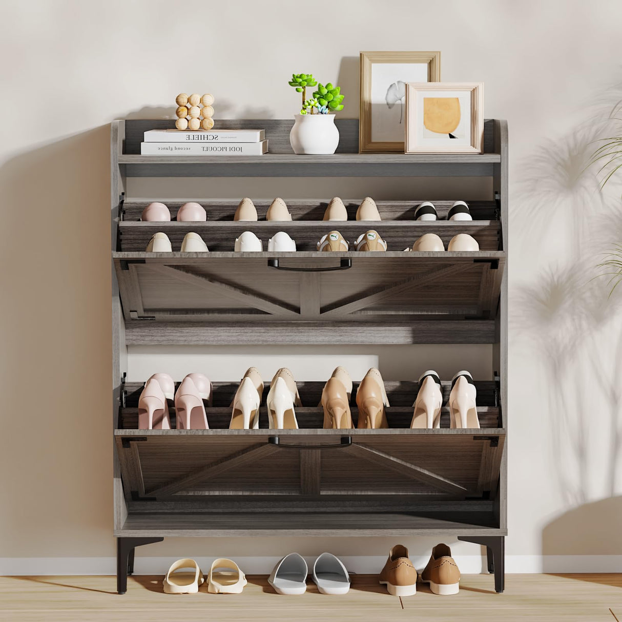 Derfullo Shoe Cabinet with 2 Flip Drawers,Shoe Storage Cabinet for Entryway,Freestanding Shoe Cabinet Organizer with Open Storage, Narrow Farmhouse Shoe Rack with Legs, Washed Gray Derfullo