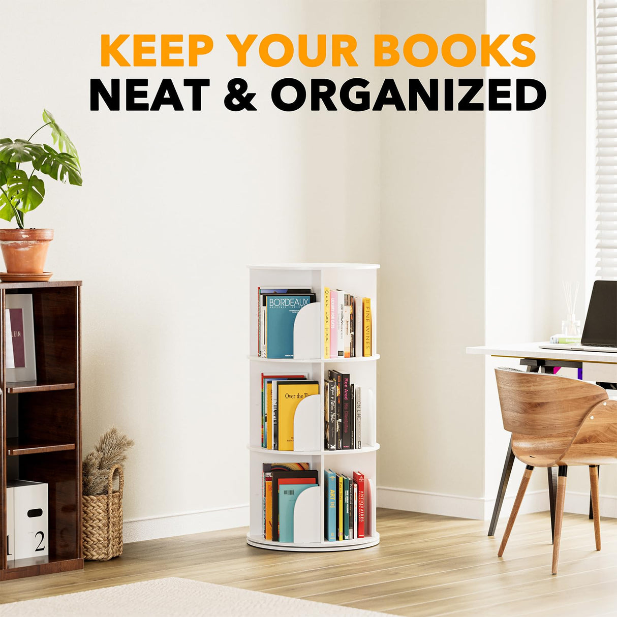 SpaceAid 3 Tier Rotating Bookshelf Tower, Spinning Bookcase Lazy Susan, Revolving 360 Book Shelf Storage Round Carousel, Vertical Rotate Turning Spiral Corner Organizer, White SpaceAid