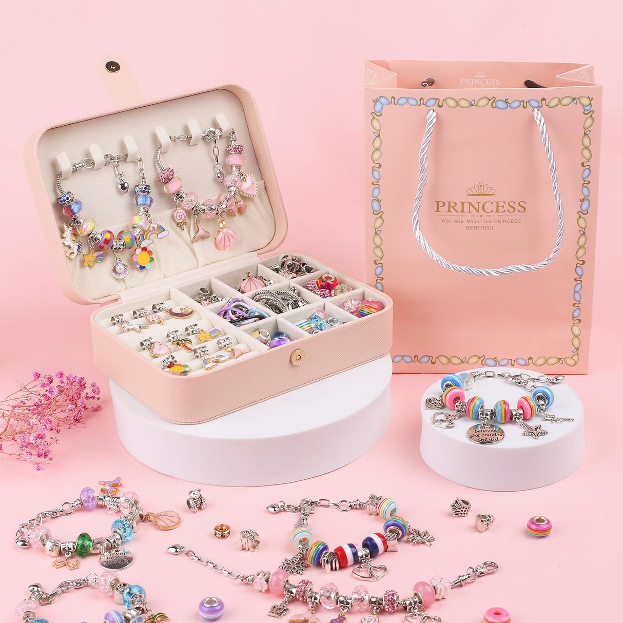 UFU Charm Bracelet Making Kit -120Pcs DIY Jewelry Making Kit, Mermaid Gifts for Girls Toys Crafts for Teen Girls Ages 5 6 7 8-12, with Portable Bracelet Organizer Box UFU