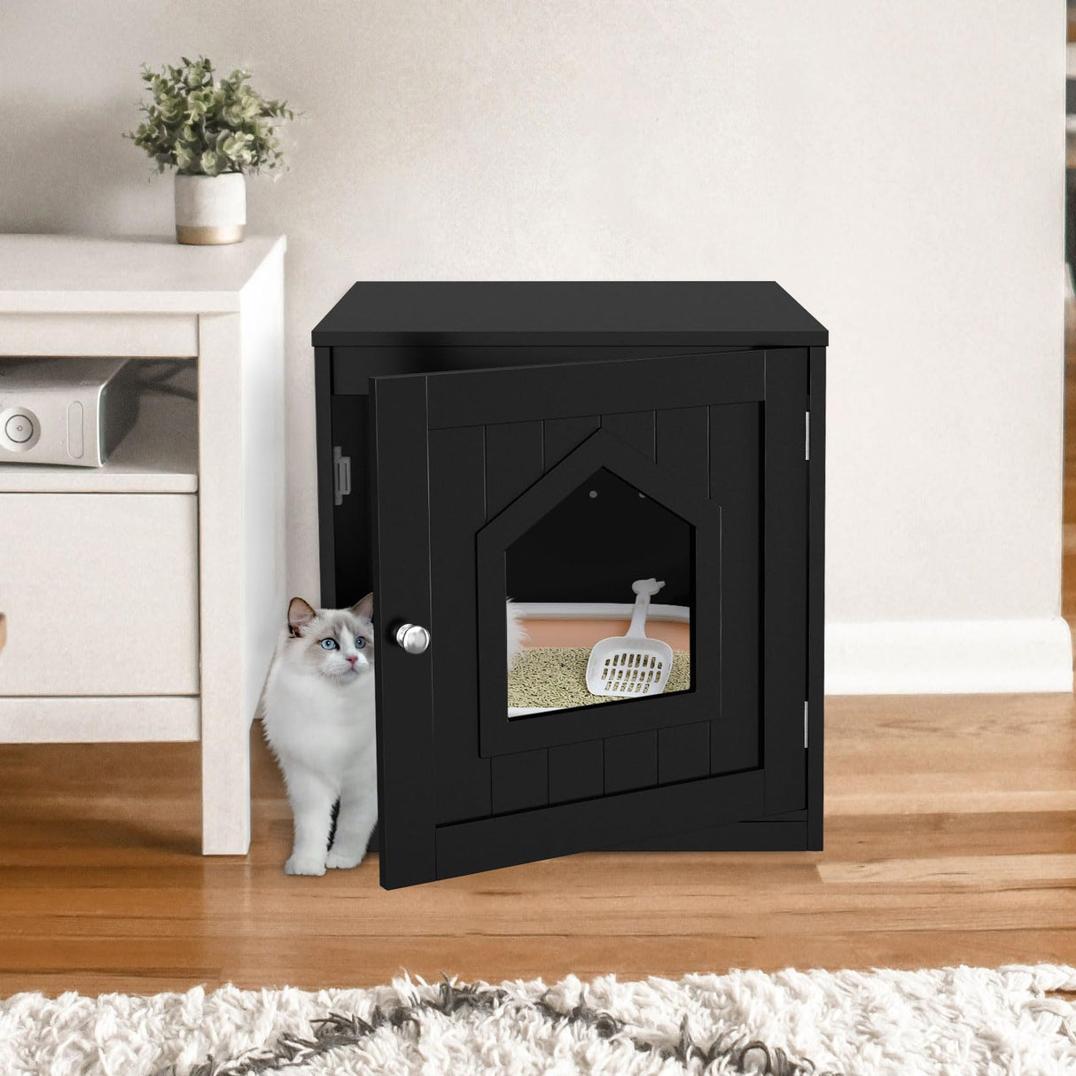 ZENY Cat Litter Box Furniture Hidden, Enclosed Cat Litter Box with Vent Holes, Indoor Cat Box Cabinet, Wooden Cat Washroom, End Table, Nightstand (Black) ZENY
