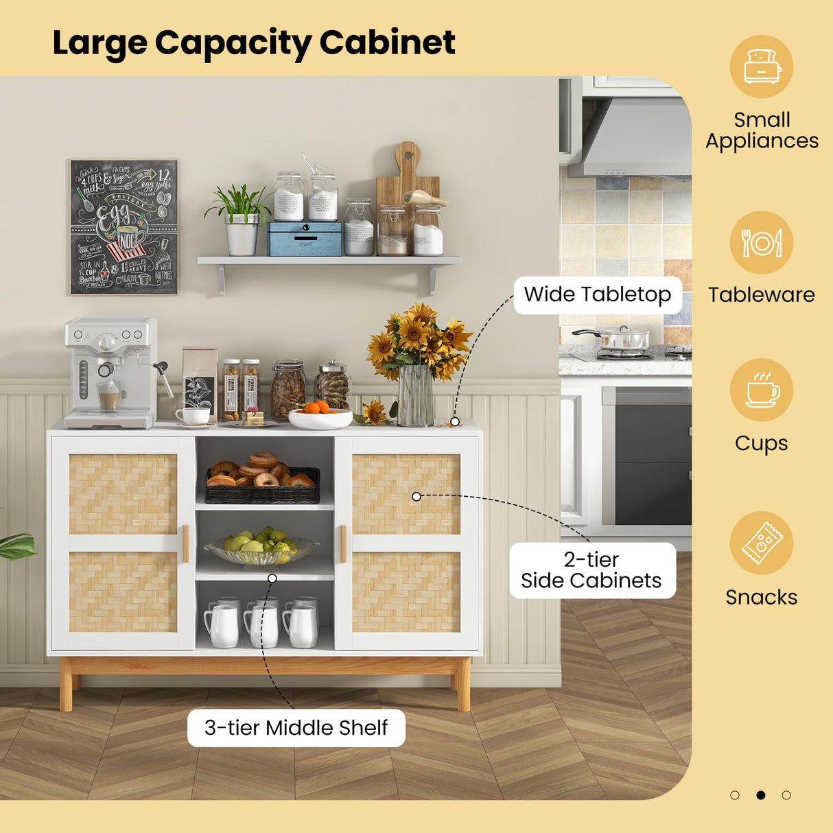 Giantex Buffet Sideboard, Kitchen Storage Cabinet with 3 Open Shelves & 2 Side Cabinets, 48” Wood Cupboard w/ 2 Bamboo Woven Doors, Console Table for Living Room Entryway Coffee Bar, Natural Giantex