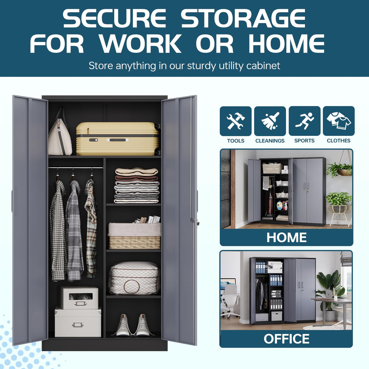 MIIIKO Metal Wardrobe Cabinet with Locking Doors, Metal Locker Armoire Closet for Clothing, 2 Door Steel Storage Cabinet with Adjustable Shelves for Bedroom, Locker Room, Home Office and Garage MIIIKO