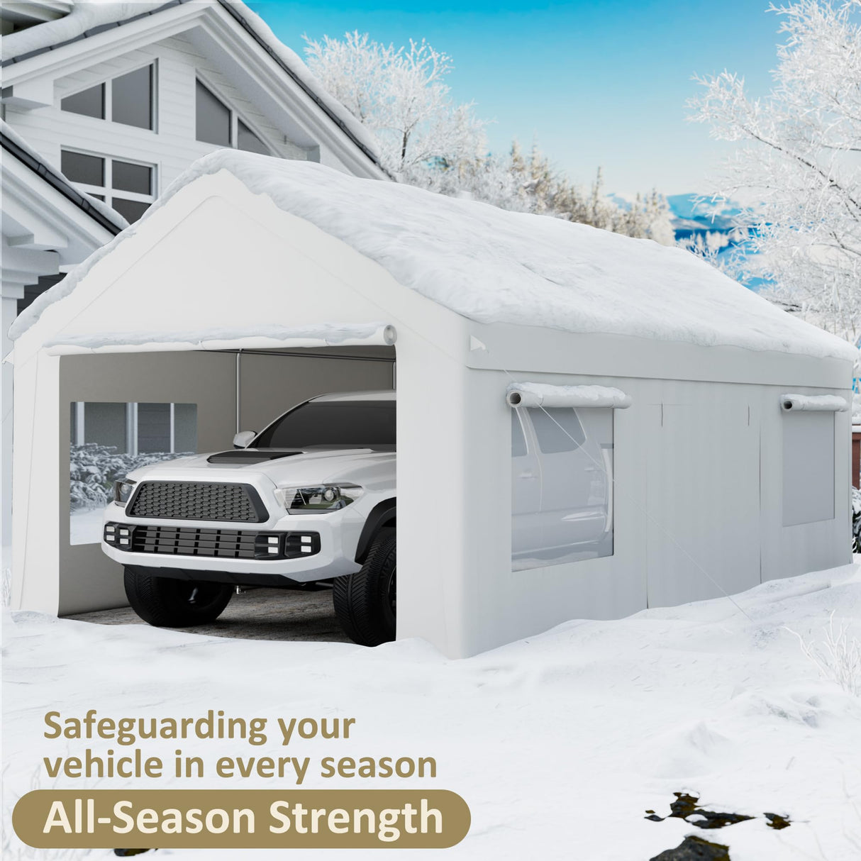 AirWire Carport 12' x 20' Heavy Duty Portable Garage, Carport Canopy with Side-Opening Door & Roll-Up Windows, Car Canopy Reinforced Four-Hole Base for Car, Truck, Boat, Party, White AirWire