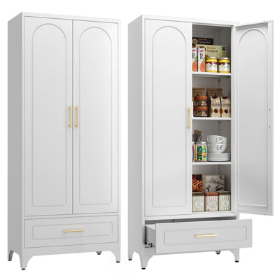 Metal Storage Cabinet with Drawers,75Inch White Pantry Cabinets for Kitchen Storage with 3 Adjustable Shelves,Tall Kitchen Pantry Cabinet for Living Room, Dining Room Office