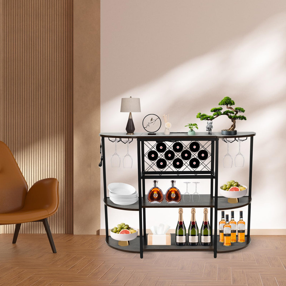 Jiabailie Wine Rack Table with LED Light,Metal Coffee Bar Cabinet with Outlet,Floor Bar Cabinet for Liquor and Glasses,FreeStanding Sideboard for Home Kitchen Dining Room Jiabailie