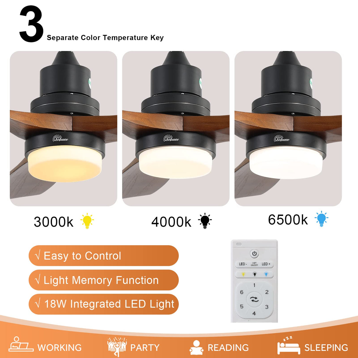 Sofucor 52" Ceiling Fan with Lights Remote Control, 3 Poles for Indoor Outdoor Ceiling Fan with Remote, Reversible Noiseless ETL Motor, 3 Walnut Wooden Blades Sofucor