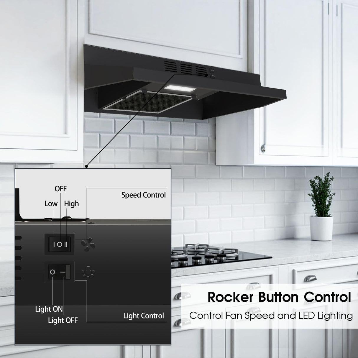 Zomagas Under Cabinet Range Hood 30 inch, Ducted/Ductless Convertible Kitchen Stove Hood, Stainless Steel Vent Hood w/Rocker Button Control, 2 Speeds Exhaust Fan, 280CFM, Black Zomagas