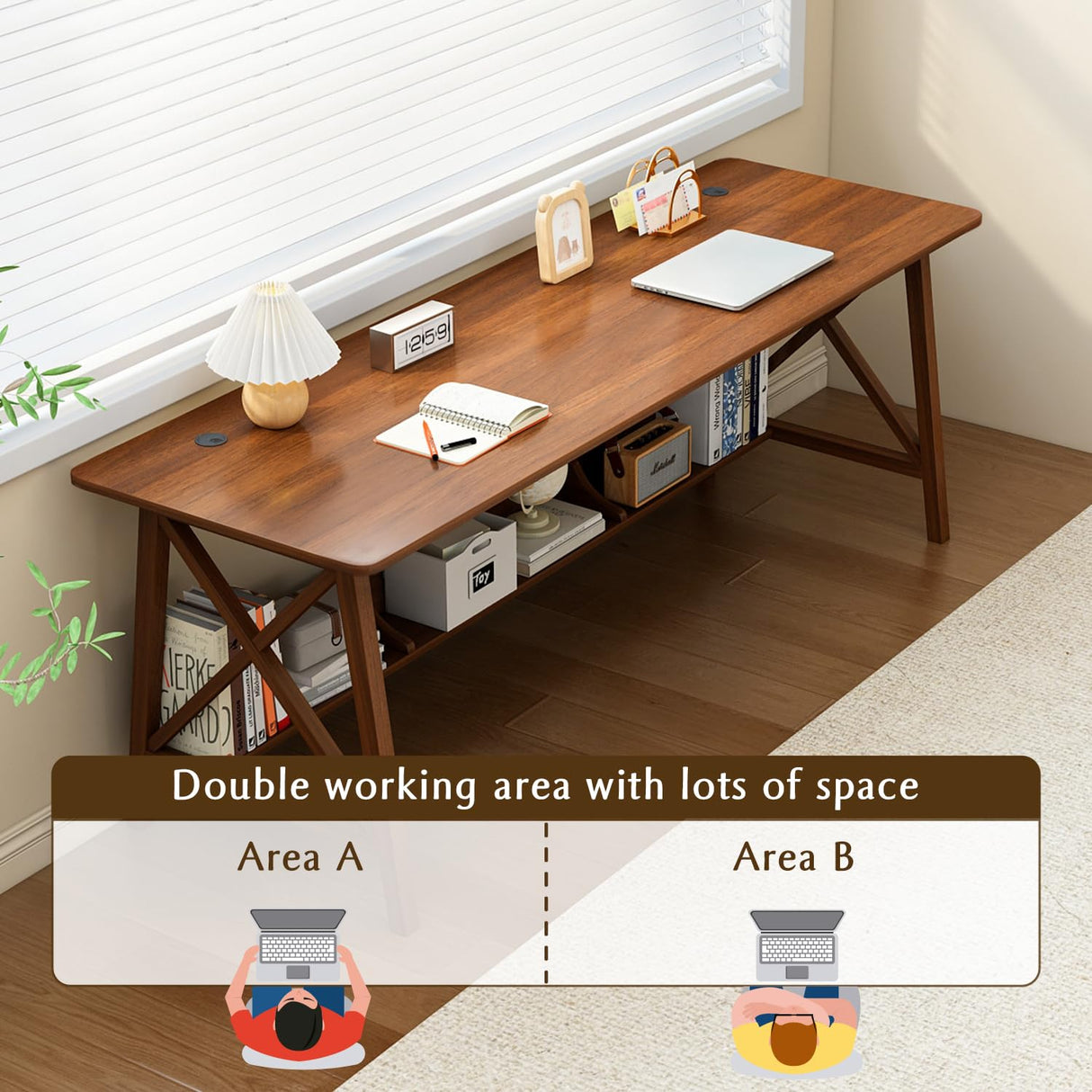 NELYE Extra Long Desk with Bookshelf - Solid Wood Home Office Work Study Table, 2-Person Writing Computer Workstation with Storage Shelf in Walnut, 63" Wx20 Dx30 H NELYE