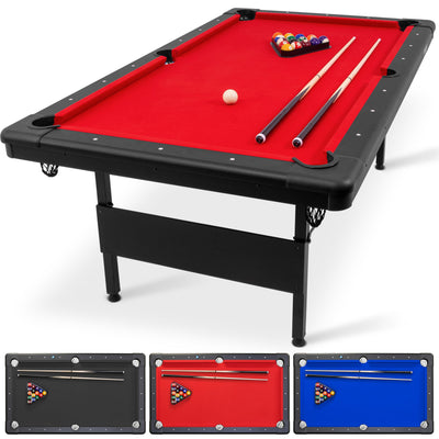 GoSports Mid-Size 7 ft x 3.9 ft Billiards Game Table - Foldable Design, Includes Full Set of Pool Balls, 2 Cue Sticks, Chalk, and Felt Brush - Red