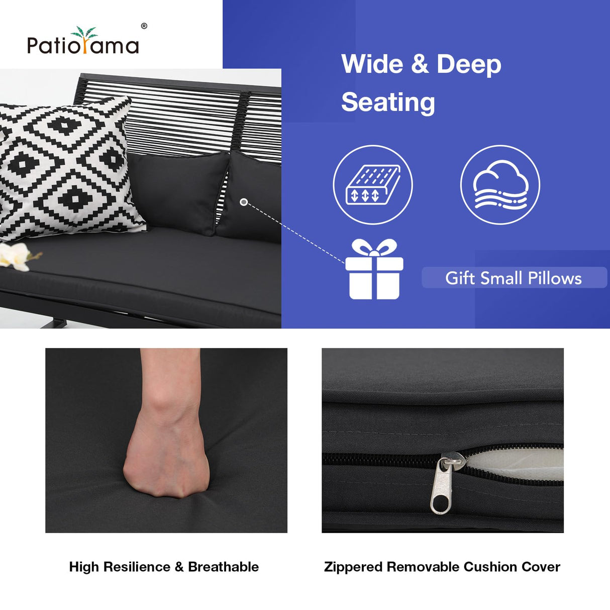 Patiorama 4 Piece Patio Furniture Set, Outdoor Wicker Bistro Set, All-Weather Black PE Rattan Conversation Set w/Coffee Table, Loveseat, Wood-Like Armrest, Cushions for Garden Balcony Deck, Dark Grey Patiorama