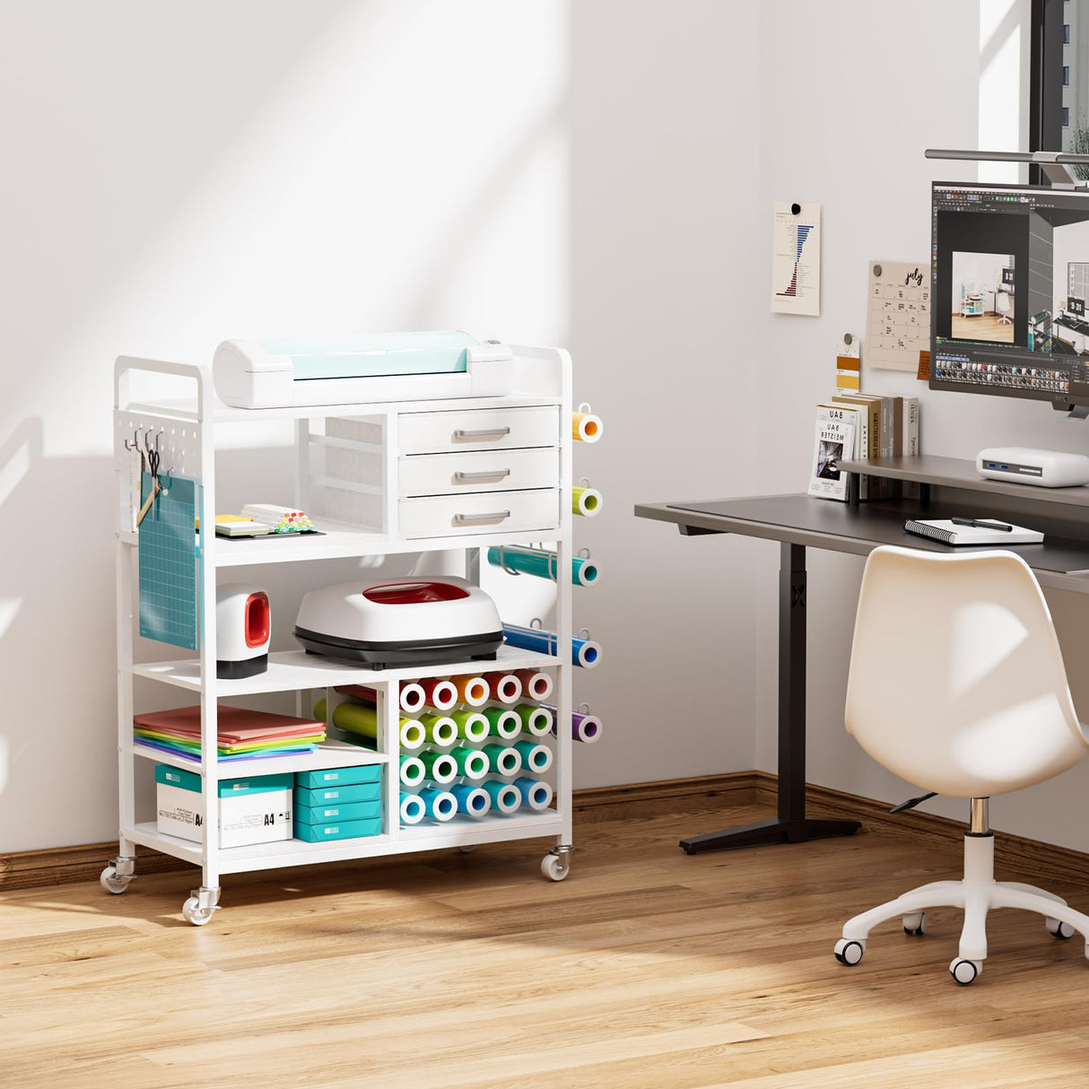 Craft Cart and Organizer Table Compatible with Cricut - Rolling Storage Cart/Shelf with 20 Vinyl Roll Holders, 3 Fabric Drawer, Accessories Holder, Tool Hook for Craft Room Home,Office Homsorout