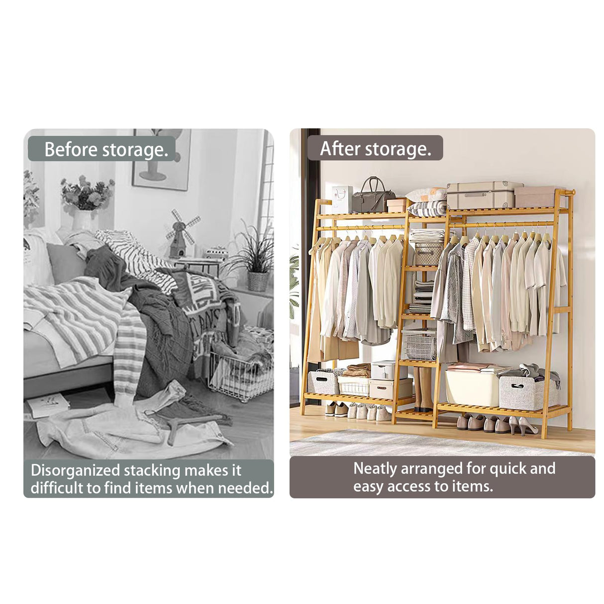 Baveke Bamboo Garment Rack 9 Tier Storage Shelf Coat Clothes Hanging Rack, Portable Wardrobe Closet Organizer With Top Shelf, Shoe Storage Shelves for Bedroom (Natural - 74.8 in) Baveke