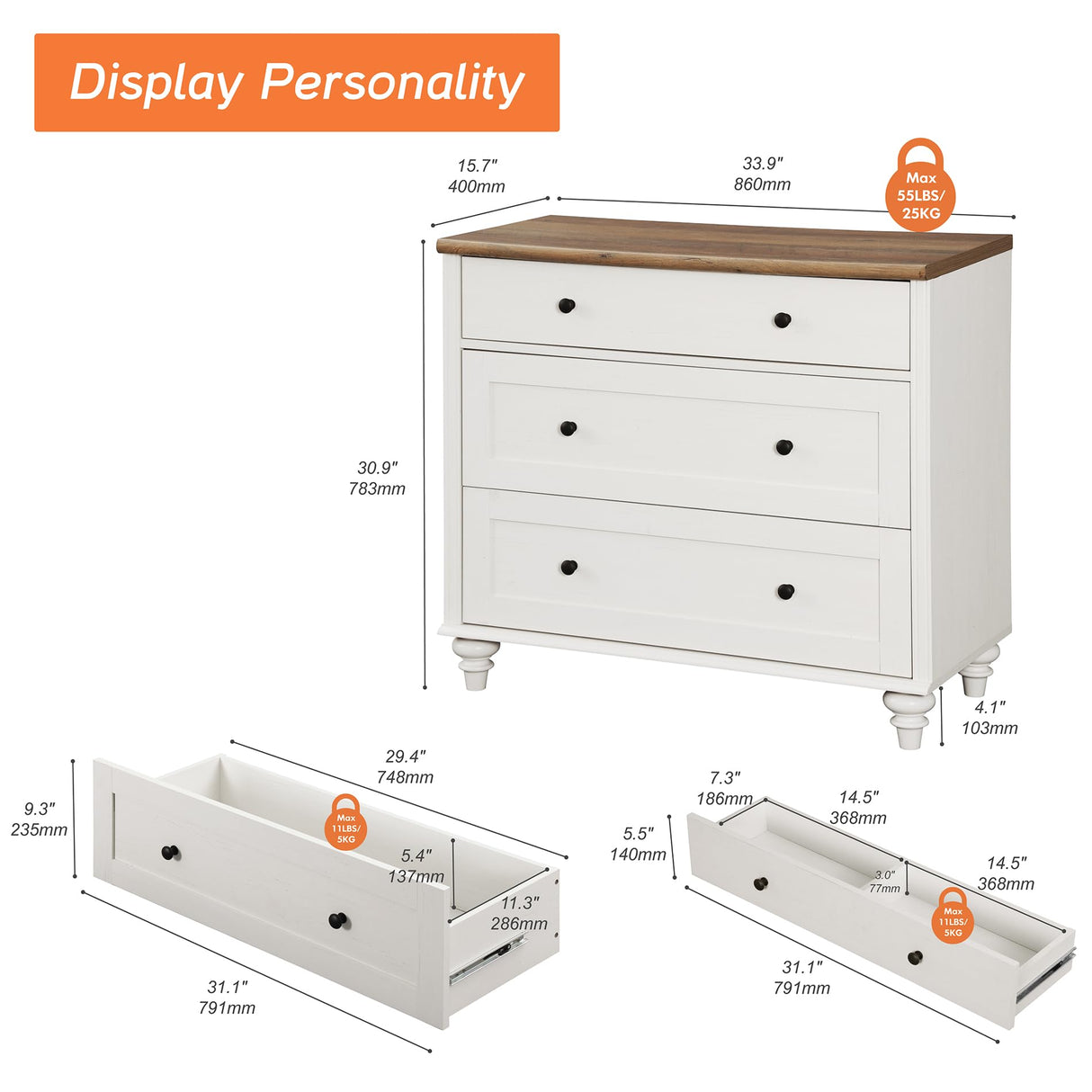 WAMPAT Dresser for Bedroom with 3 Drawers, White Kids Dressers with Wide Chest of Drawers, Mid Century Modern Wooden Closet Storage Organizer, Small Dressers for Living Room, Nursery, Hallway WAMPAT