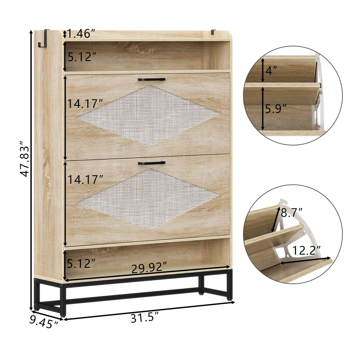 Gyfimoie Shoe Cabinet with 2 Flip Drawers, Free Standing Shoe Storage Organizer Cabinet with Rattan Doors for Entryway, Narrow Shoe Rack Cabinet (Natural) Gyfimoie