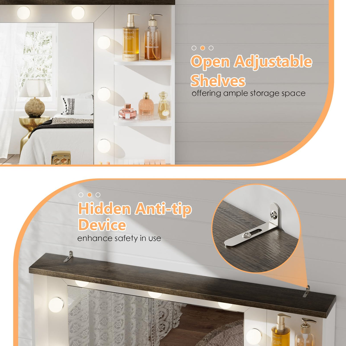 BROTTAR Large Vanity Desk with Mirror and Lights, Farmhouse Makeup Vanity with Wireless Charging Station, White Dressing Table with 2 Drawers & Storage Cabinet for Bedroom, Dressing Room BROTTAR