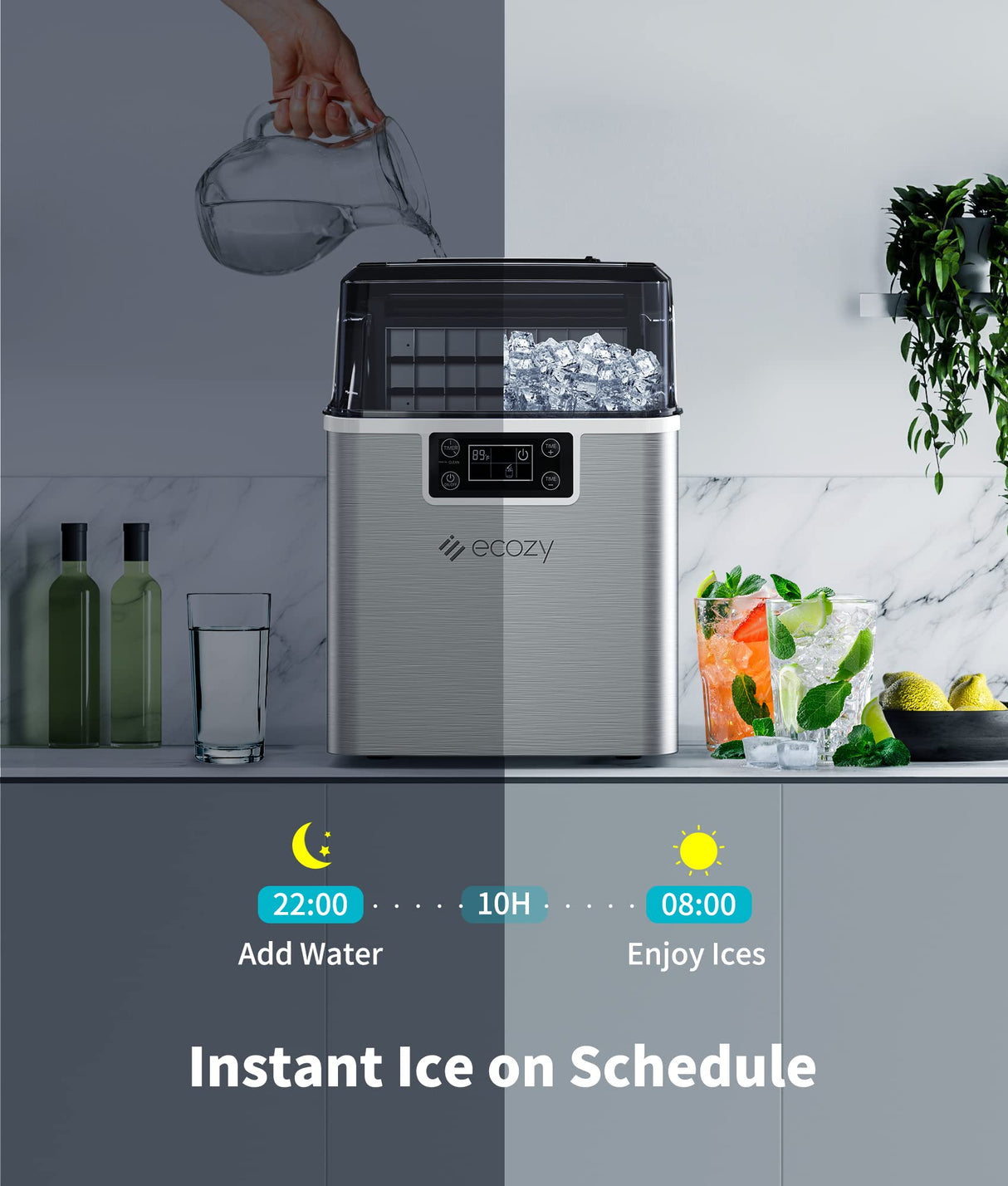 ecozy Countertop Ice Makers, 45lbs Per Day, 24 Cubes Ready in 13 Mins, Stainless Steel Housing, Auto Self-Cleaning Ice Maker with Ice Bags and Ice Scoop for Kitchen Office Bar Party ecozy