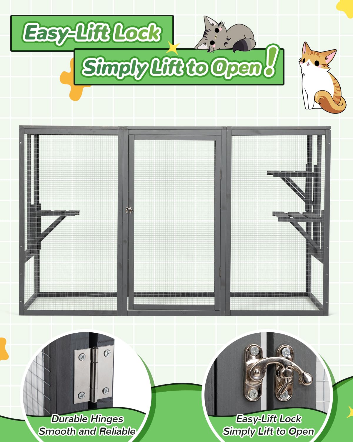 Catio Outdoor Cat Enclosure,71" L Outside Cat House Weatherproof, Wooden Catios for Cats Patio, Cat Houses with 3 Platforms (Grey, Large) Nyeekoy