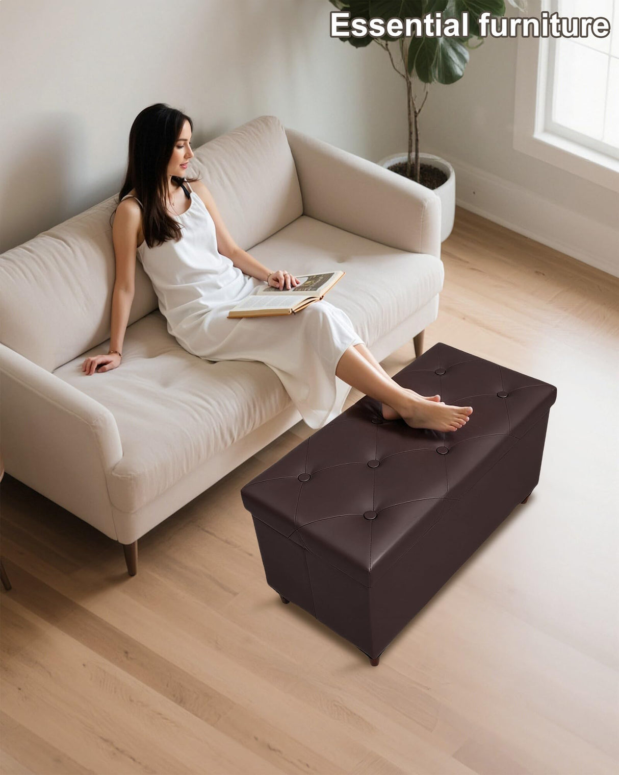 GLAXYFUR 30 Inches Storage Ottoman Bench with Wooden Legs, Faux Leather Folding Ottoman Foot Rest, Storage Bench for Living Room, Hallway & Bedroom, Upgrade Large Capacity (Engineered Wood, Brown) GLAXYFUR