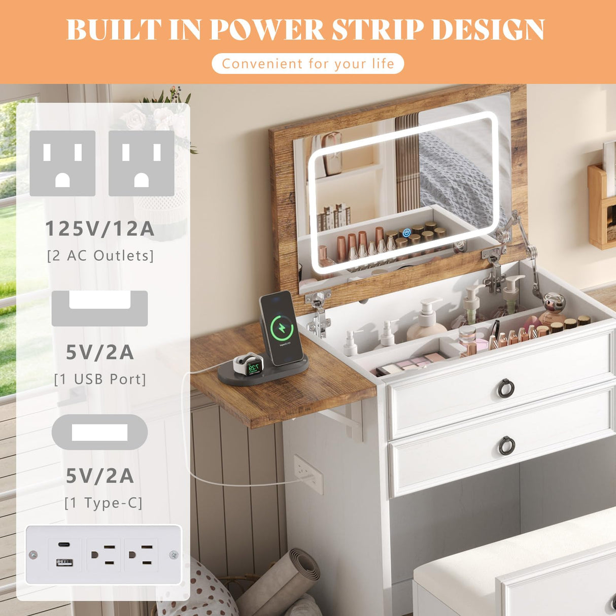 AMERLIFE 3-in-1 Makeup Vanity with Sliding Stool, Fold-up Panel, Divided Storage & Power Port, Farmhouse Makeup Table with Adjustable LED Light, for Small Space, White & Barnwood AMERLIFE
