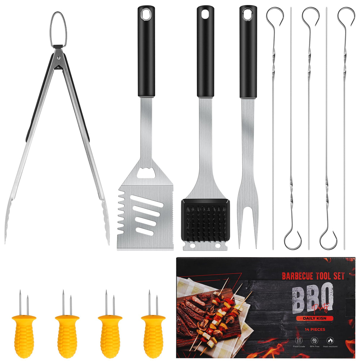 Grill Accessories Kit, Stainless Steel Grill Tool Set with 4-in-1 BBQ Spatula, Grill Fork, Grill Tong, Grill Grush, Skewers, Silicone Corn Holders, Grilling Gift Set for Men and Women DAILY KISN