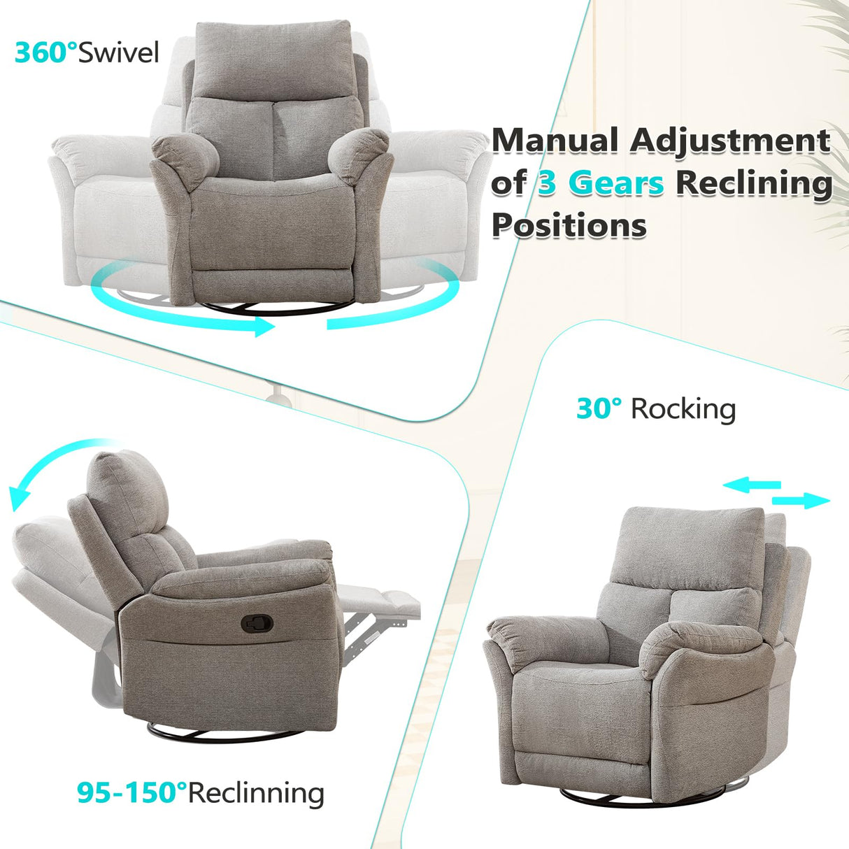 ANJ Manual Fabric Recliner Chair Set of 2, Swivel Rocker Glider, Silver ANJ